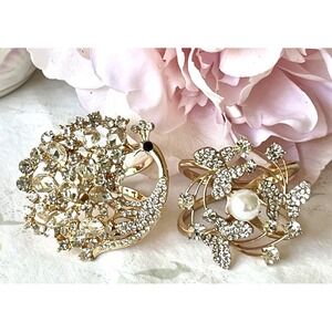 Vtg Rhinestone PEACOCK & Butterfly FAUX PEARL Flower SCARF RINGS